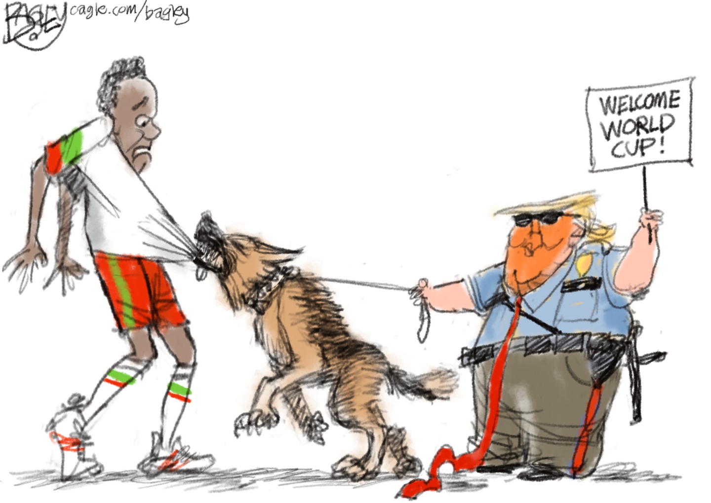 Donald Trump is dressed as a police officer or ICE agent. He holds a sign in one hand that says "Welcome World Cup". His other hand holds a leashed, ferocious dog that is biting the jersey of a dark-skinned man in a soccer uniform.