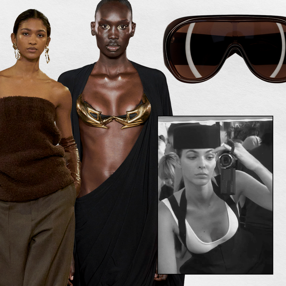 A collage of runway, Instagram, and flat images and videos of personality pieces like gloves, bags, sunglasses, and more.
