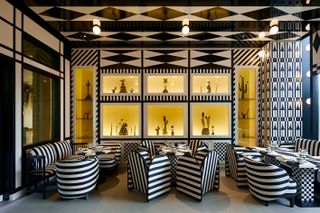 The Standard Bangkok black and white patterned bar area