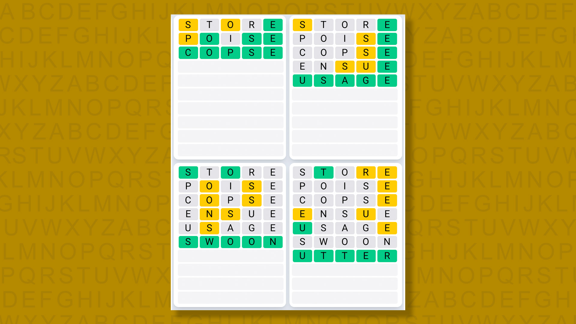 Quordle Daily Sequence answers for game 1518 on a yellow background