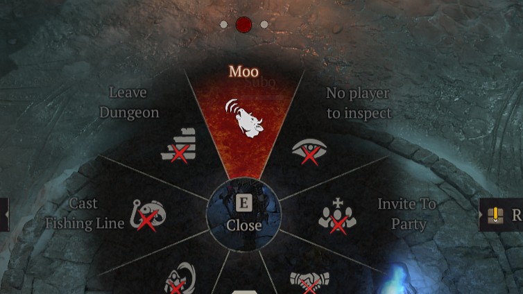 A game menu wheel on a stone background shows options with a central "E" button to close. Highlighted icon: cow with "Moo" text.