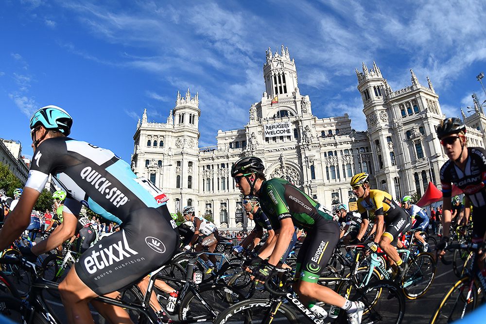 Riders compete during stage 21 at the Vuelta in downtown Madrid.