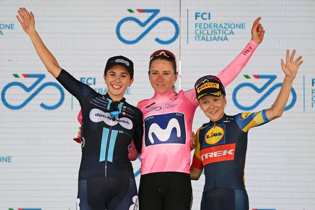 OLBIA ITALY JULY 09 LR Juliette Labous of France and Team DSMFirmenich on second place overall race winner Annemiek Van Vleuten of The Netherlands and Movistar Team Pink Leader Jersey and Gaia Realini of Italy and Team Lidl Trek on third place pose on the podium ceremony after the 34th Giro dItalia Donne 2023 Stage 9 a 12685km stage from Sassari to Olbia UCIWWT on July 09 2023 in Olbia Italy Photo by Dario BelingheriGetty Images