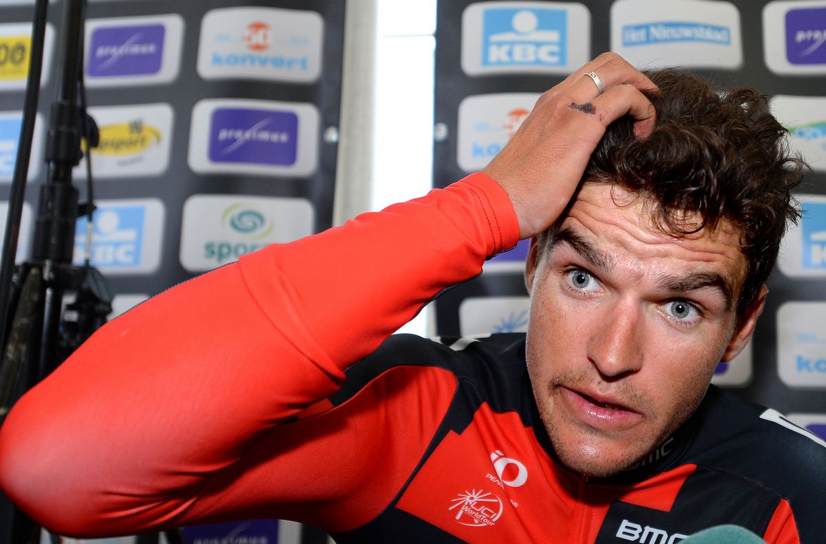Greg Van Avermaet scratches his head after finishing second in 2014