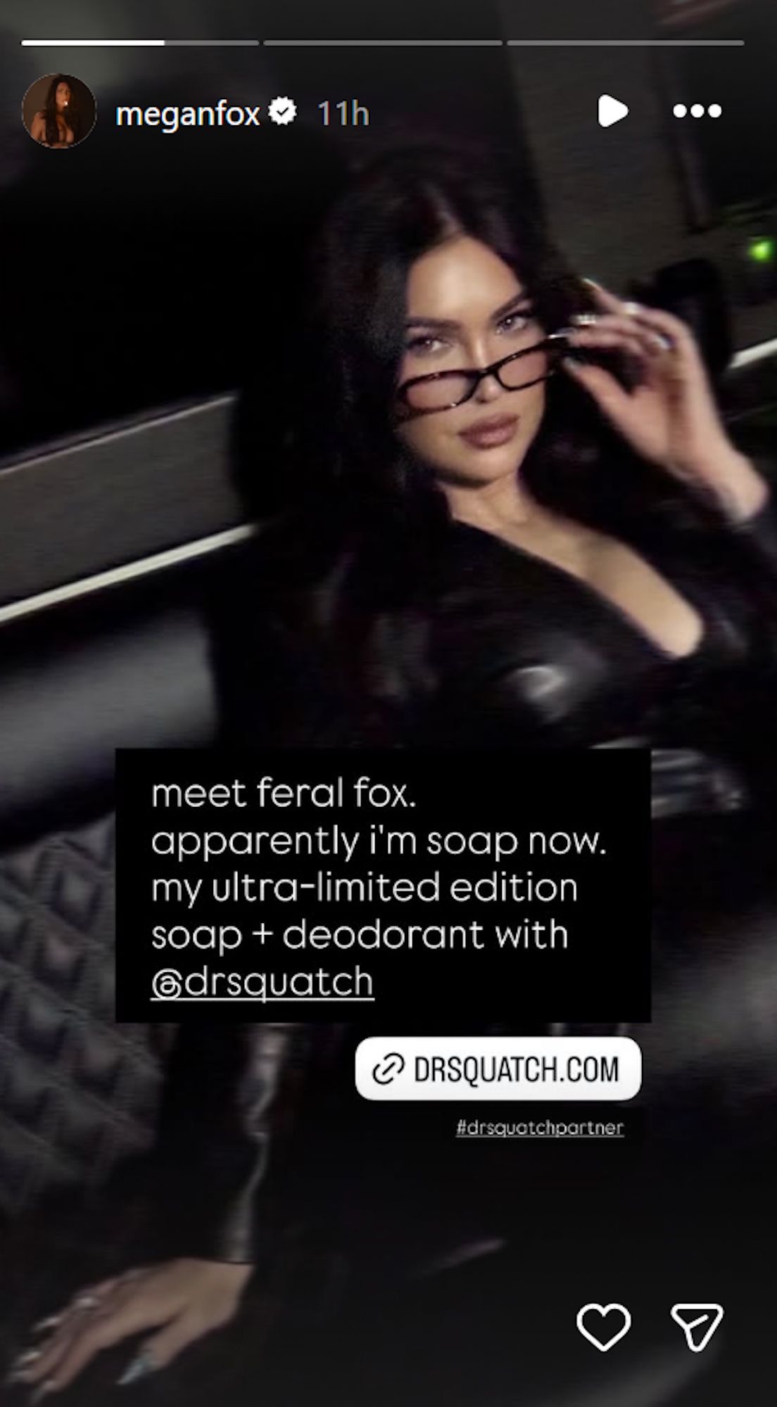 Megan Fox promotes her Feral Fox soap and deodorant on Instagram Stories.