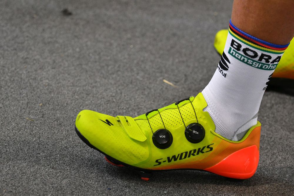 Peter Sagan is wearing some new, brightly-coloured shoes
