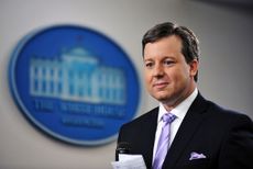 Fox News White House correspondent Ed Henry prepares to do a stand-up December 8, 2011 in the Brady Briefing Room of the White House in Washington, DC
