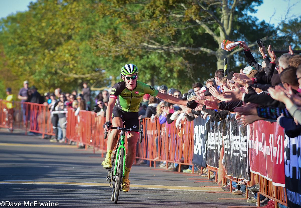 Curtis White (Cannondale) was congratulated by the crowd as he finished in second place