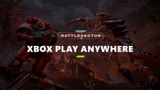 Red-armored space marine faces a towering, clawed alien on a smoky battlefield, beneath &ldquo;BATTLESECTOR&rdquo; and &ldquo;XBOX PLAY ANYWHERE&rdquo; promo text.