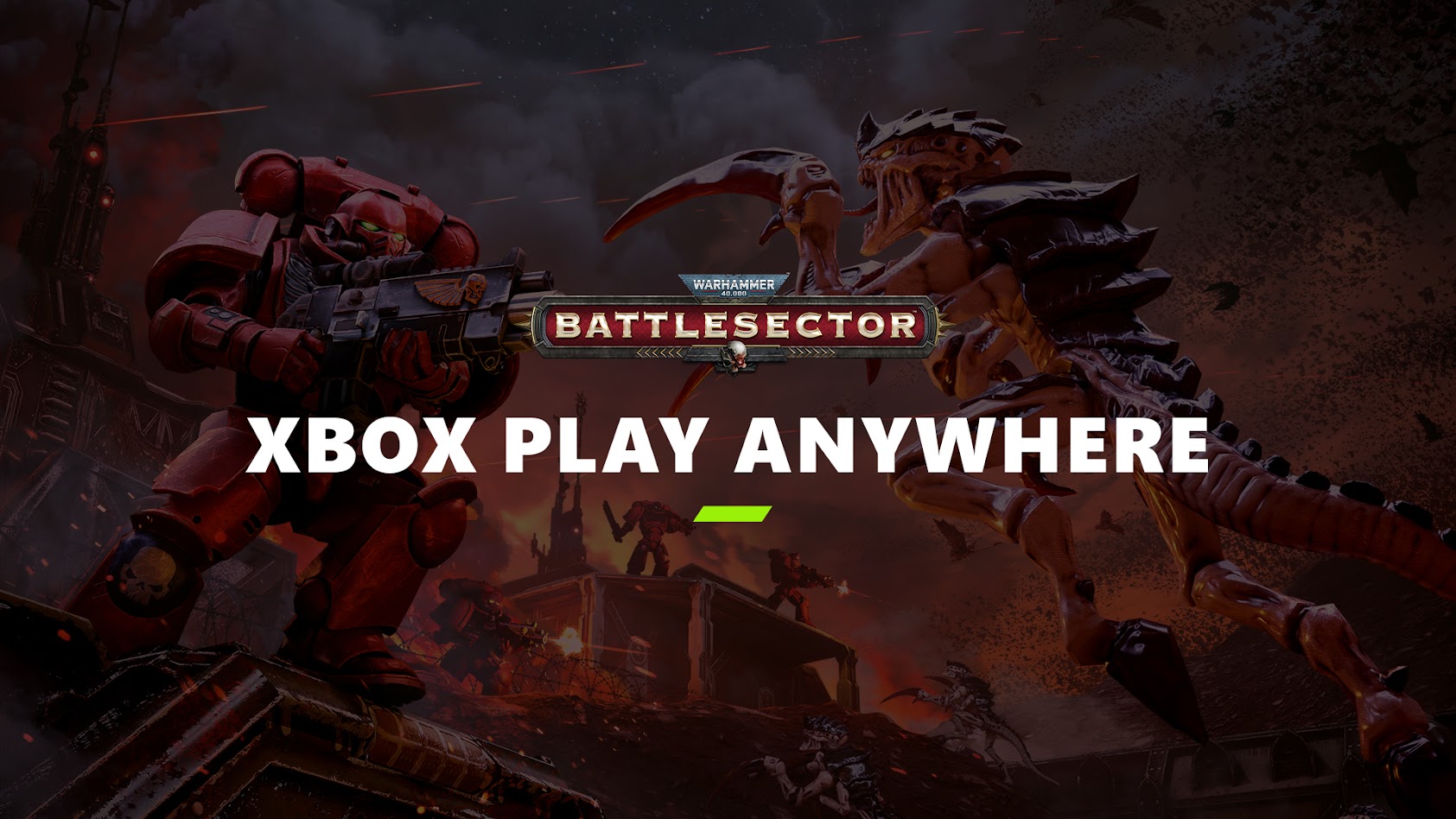 Red-armored space marine faces a towering, clawed alien on a smoky battlefield, beneath &ldquo;BATTLESECTOR&rdquo; and &ldquo;XBOX PLAY ANYWHERE&rdquo; promo text.