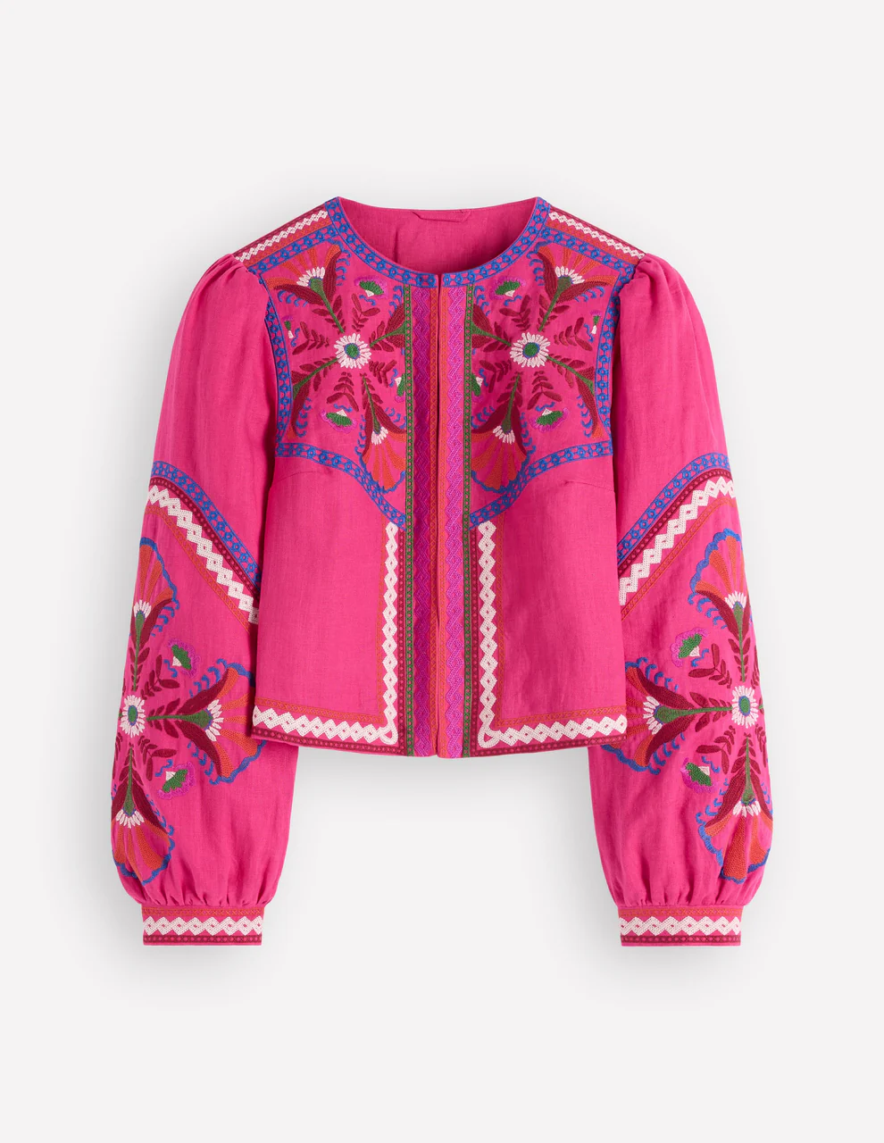 Embroidered Linen Jacket-Pink Peony, Embroidered