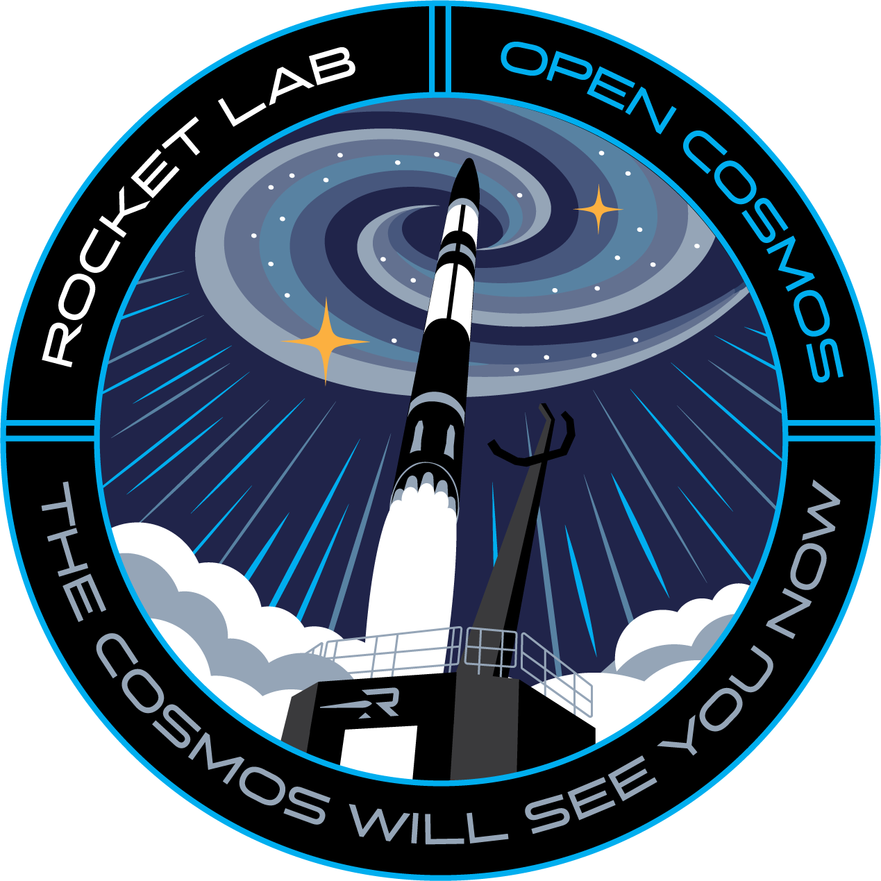 black circular mission patch with black and white rocket launching into a galactic swirl