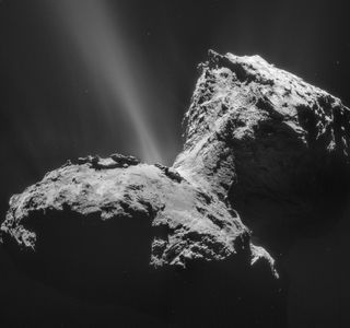 This Rosetta photo shows a jet sprouting from Comet 67P/Churyumov-Gerasimenko's neck on Jan. 31, 2015.