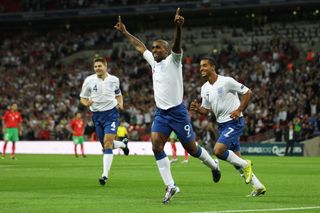 Jermain Defoe celebrates after scoring for England against Bulgaria in September 2010.