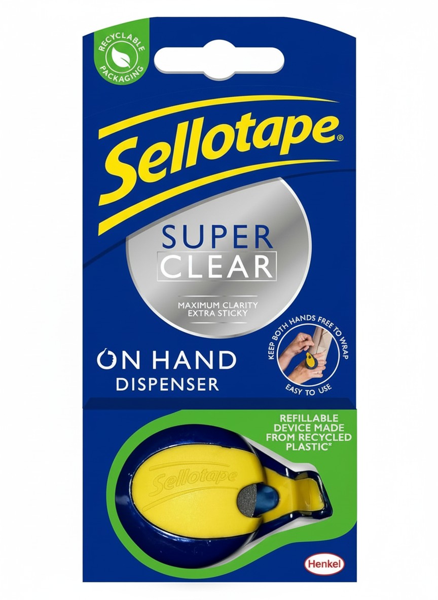 Sellotape, Sellotape Oh-Hand Dispenser With Super Clear Tape, Practical Sticky Adhesive Tape for Maximum Clarity, Tape Dispenser With Strong Tape for Gift Wrapping - Includes Single Roll (18mm X 15m)