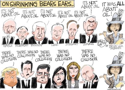 Political cartoon U.S. Bears Ears reduction government lies FBI Russia investigation collusion