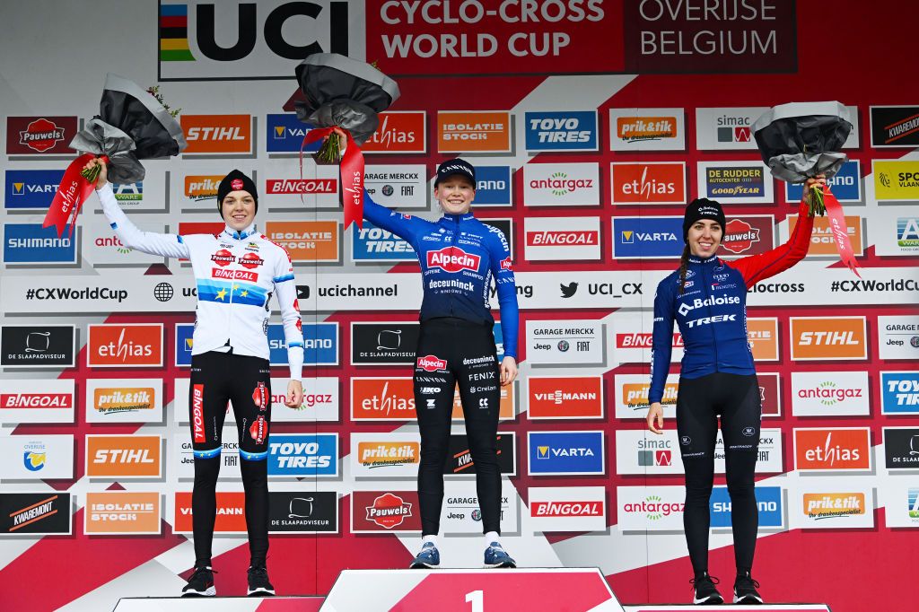 OVERIJSE BELGIUM NOVEMBER 20 LR Fem van Empel of The Netherlands and Team Pauwel Sauzen Bingoal on second place race winner Puck Pieterse of The Netherlands and Team Alpecin Deceuninck and Shirin Van Anrooij of The Netherlands and Team TrekLions on third place pose on the podium ceremony after the 62nd UCI Cyclocross World Cup Druivencross Overijse 2022 Womens Elite CXWorldCup Overijse Cyclocross on November 20 2022 in Overijse Belgium Photo by Luc ClaessenGetty Images