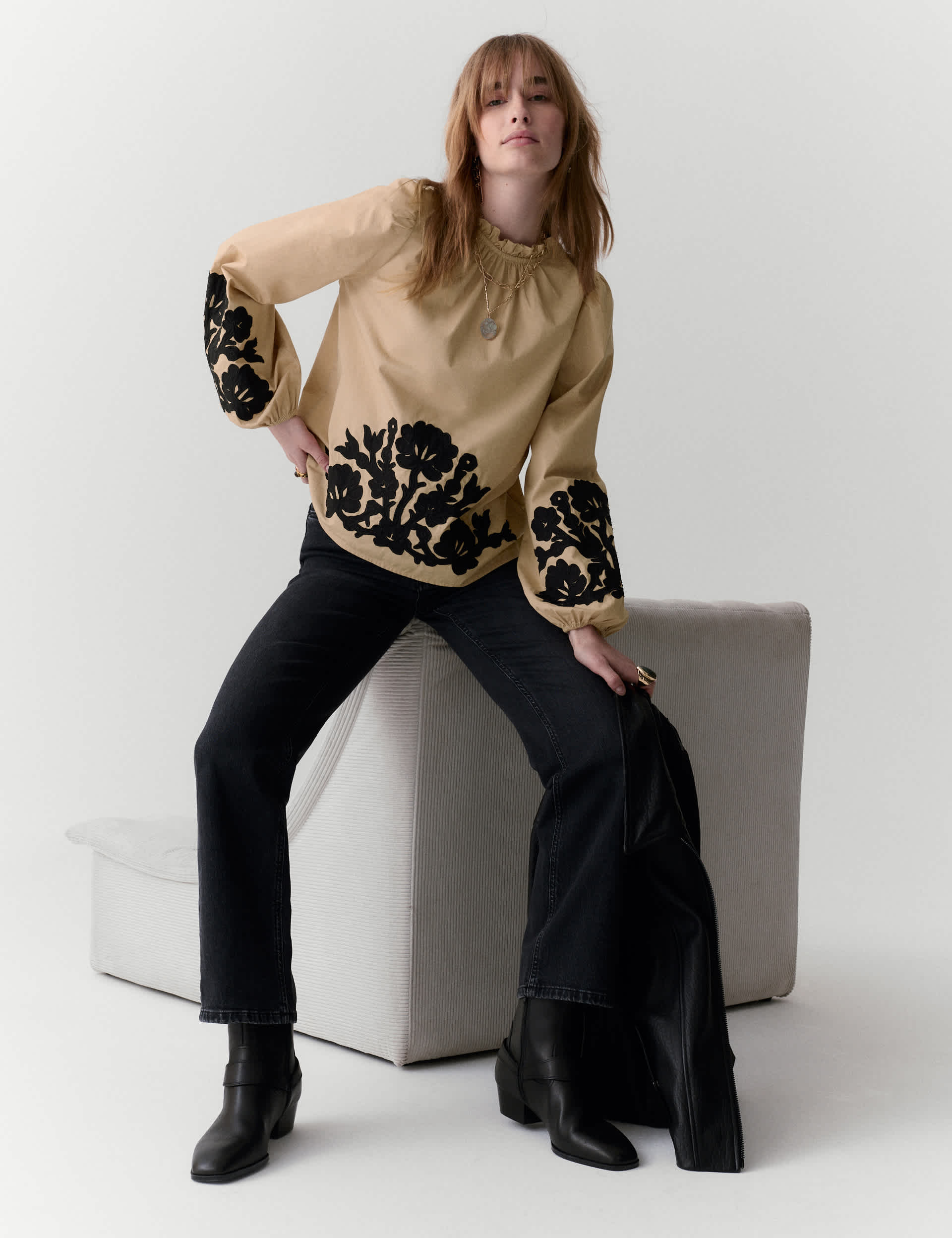 Pure Cotton Contrast Applique Blouse