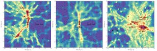 Three density maps of the universe use artificial intelligence and modeling to understand the pull of gravity on different galaxies.