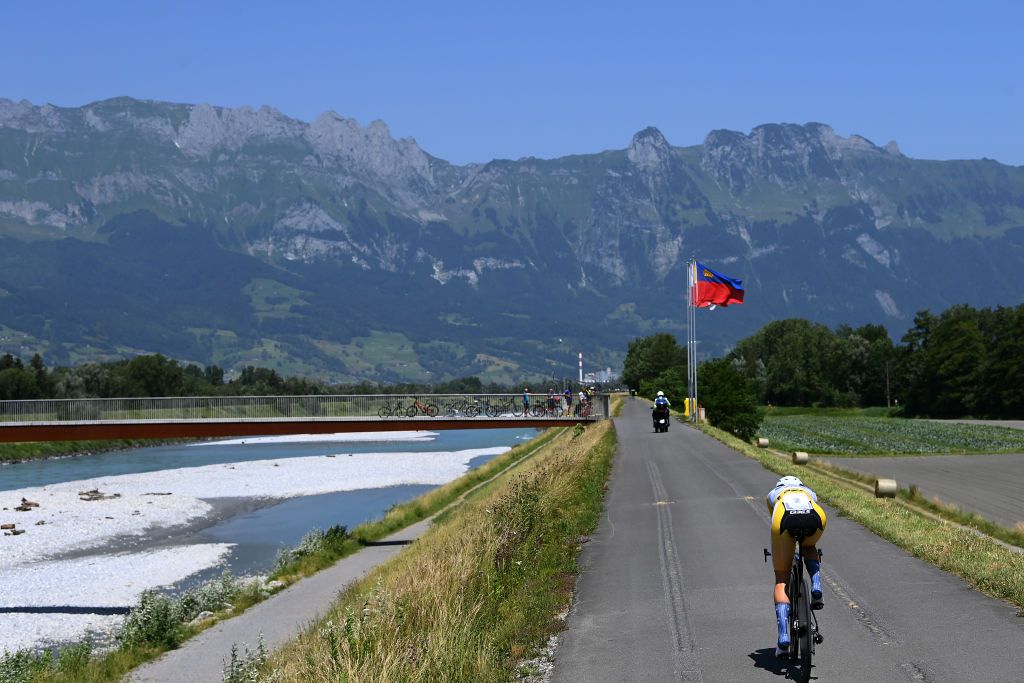 VADUZ SWITZERLAND JUNE 19 Lucinda Brand of The Netherlands and Team Trek Segafredo Yellow Leader Jersey sprints during the 2nd Tour de Suisse Women 2022 Stage 2 a 256km individual time trial stage from Vaduz to Vaduz ITT ourdesuisse2022 on June 19 2022 in Vaduz Switzerland Photo by Tim de WaeleGetty Images