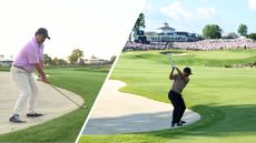 Xander Schauffele (right) hitting out of the rough on 18 in the final round of the 2024 PGA Championship while Johnson Wagner tries to recreate the shot later on (left)