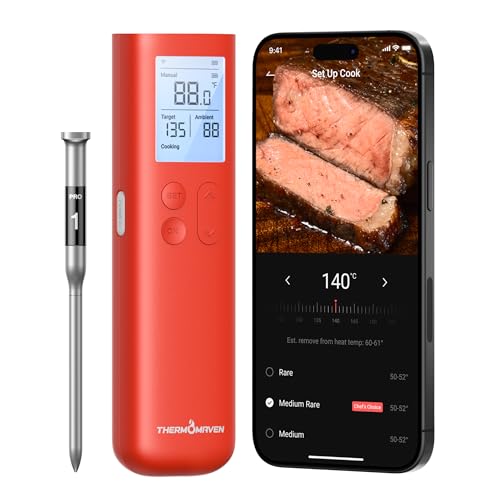 Thermomaven Smart Bluetooth Wireless Meat Thermometer, 10x Enhanced Sub-1g Signal and Stability, Standalone Display Base, Certified Accuracy &amp;plusmn;0.5&amp;deg;f, Wifi Unlimited Range for Bbq, Oven, Smoker, Grill