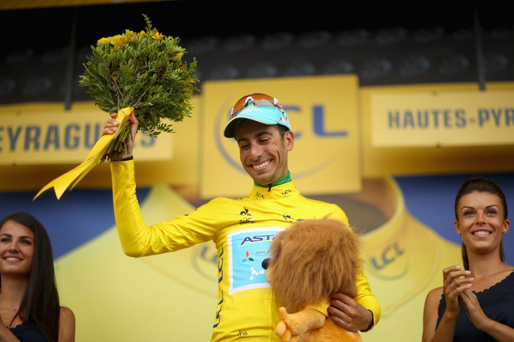 Fabio Aru in the yellow jersey after stage 12 at the Tour de France