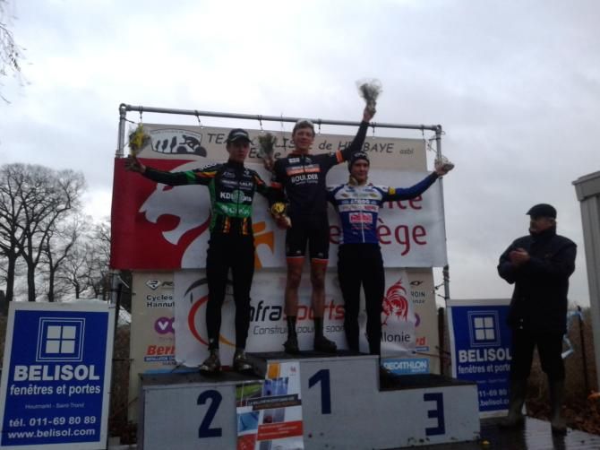 Grant Ellwood (Boulder Cyclo Sport Devo p/b BJC ) atop the podium in Waremme, Belgium