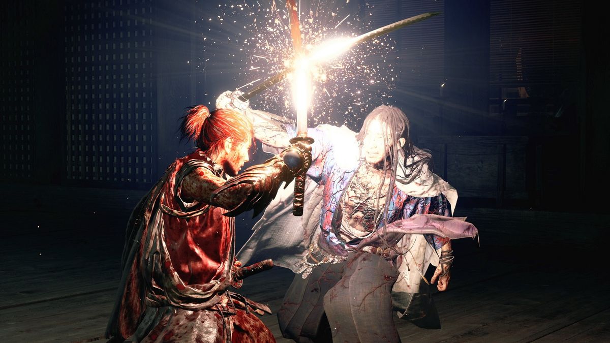 Musashi clashes swords to parry another samurai in Onimusha: Way of the Sword