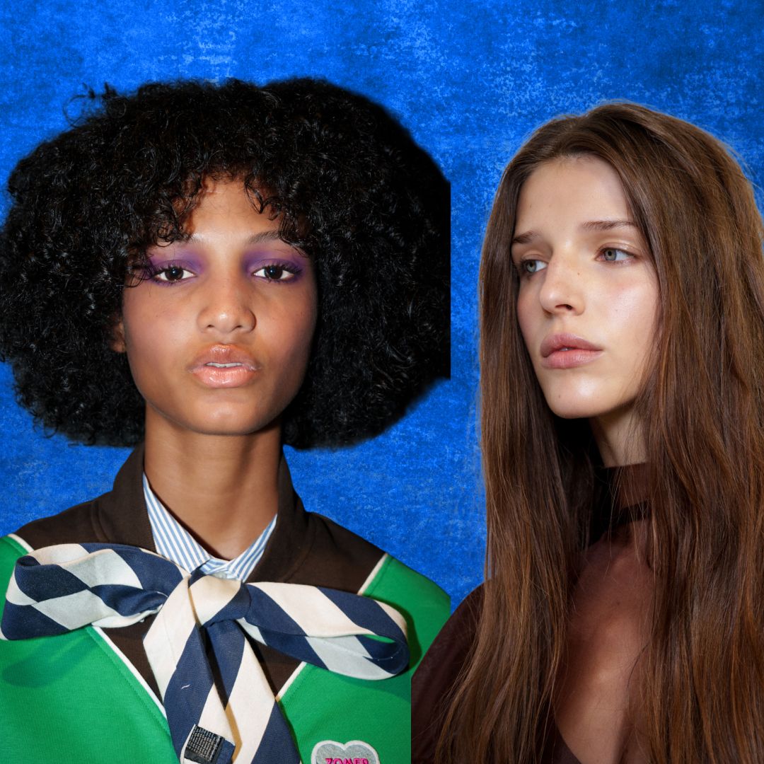 Three models with different hair types and lengths against a blue background.