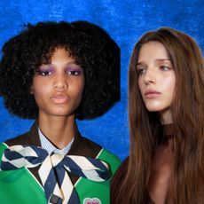 Three models with different hair types and lengths against a blue background.