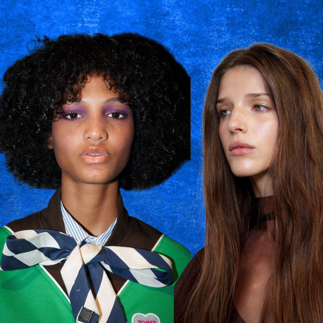 Three models with different hair types and lengths against a blue background.
