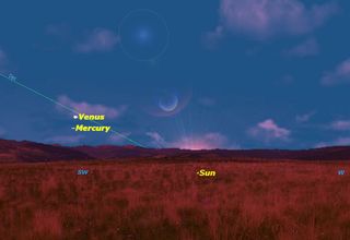 The second of two close encounters between Mercury and Venus this month. Mercury's proximity to Venus makes it easier than usual to spot.