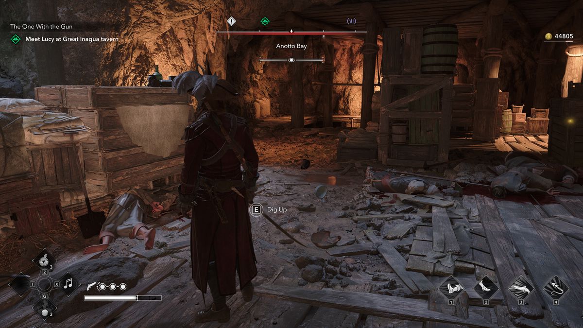 Black Flag treasure maps: Edward standing next to stacks of boxes inside a cave.