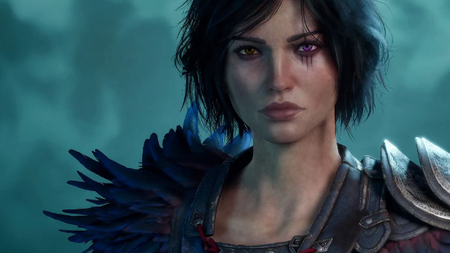The protagonist of Warlock stands confidently in her regal attire.