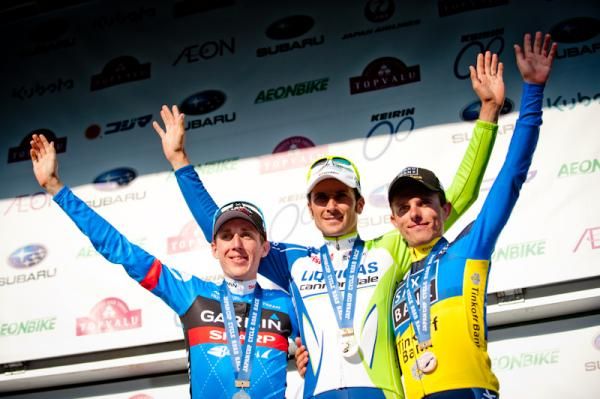 The 2012 Japan Cup podium: Dan Martin (Garmin-Sharp), Ivan Basso (Liquigas-Cannondale) and Rafa Majka (Saxo Bank-Tinkoff Bank).