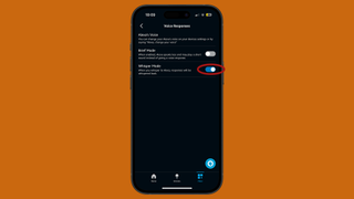 Steps for how to turn on Alexa Whisper Mode, shown on an iPhone
