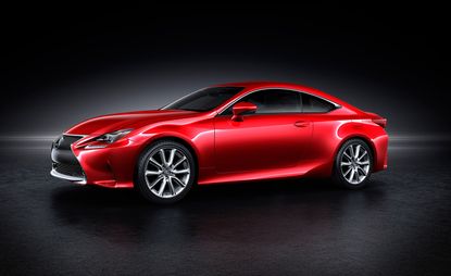 Side view of a red two-door Lexus RC 300h Premier against a black background