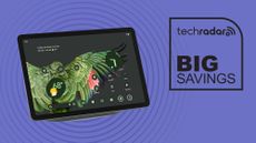 a tablet against a purple background