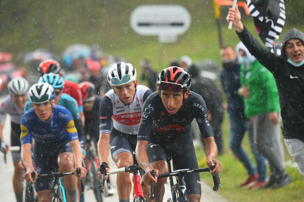 Team Ineos rider Colombias Egan Bernal R rides during the sixth stage of the Giro dItalia 2021 cycling race 160 km between Grotte di Frasassi and Ascoli Piceno San Giacomo on May 13 2021 Photo by Dario BELINGHERI AFP Photo by DARIO BELINGHERIAFP via Getty Images