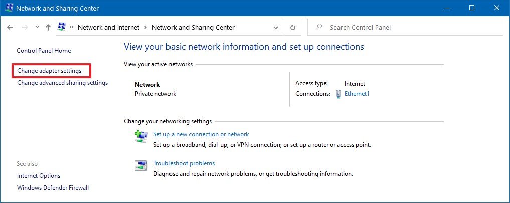 Control Panel Change adapter settings option