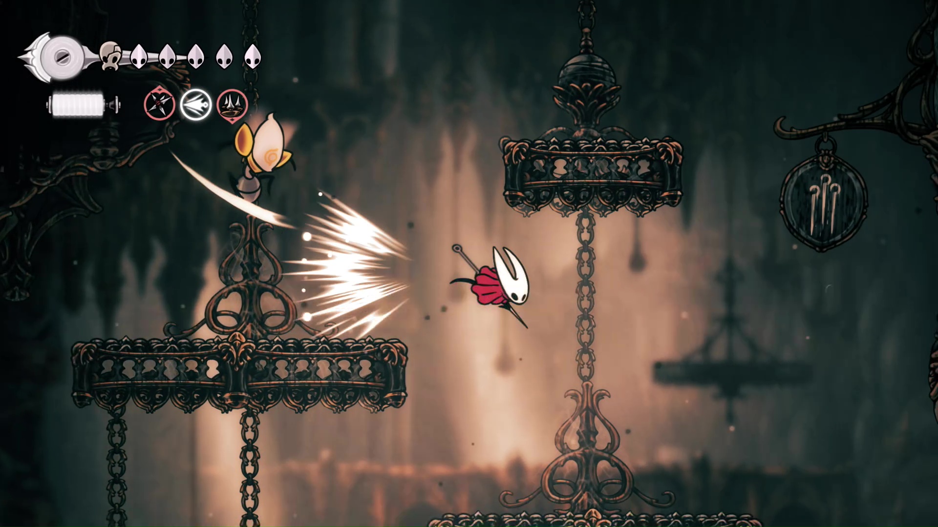 Hornet runs from an attacking enemy in Hollow Knight: Silksong's Choral Chambers