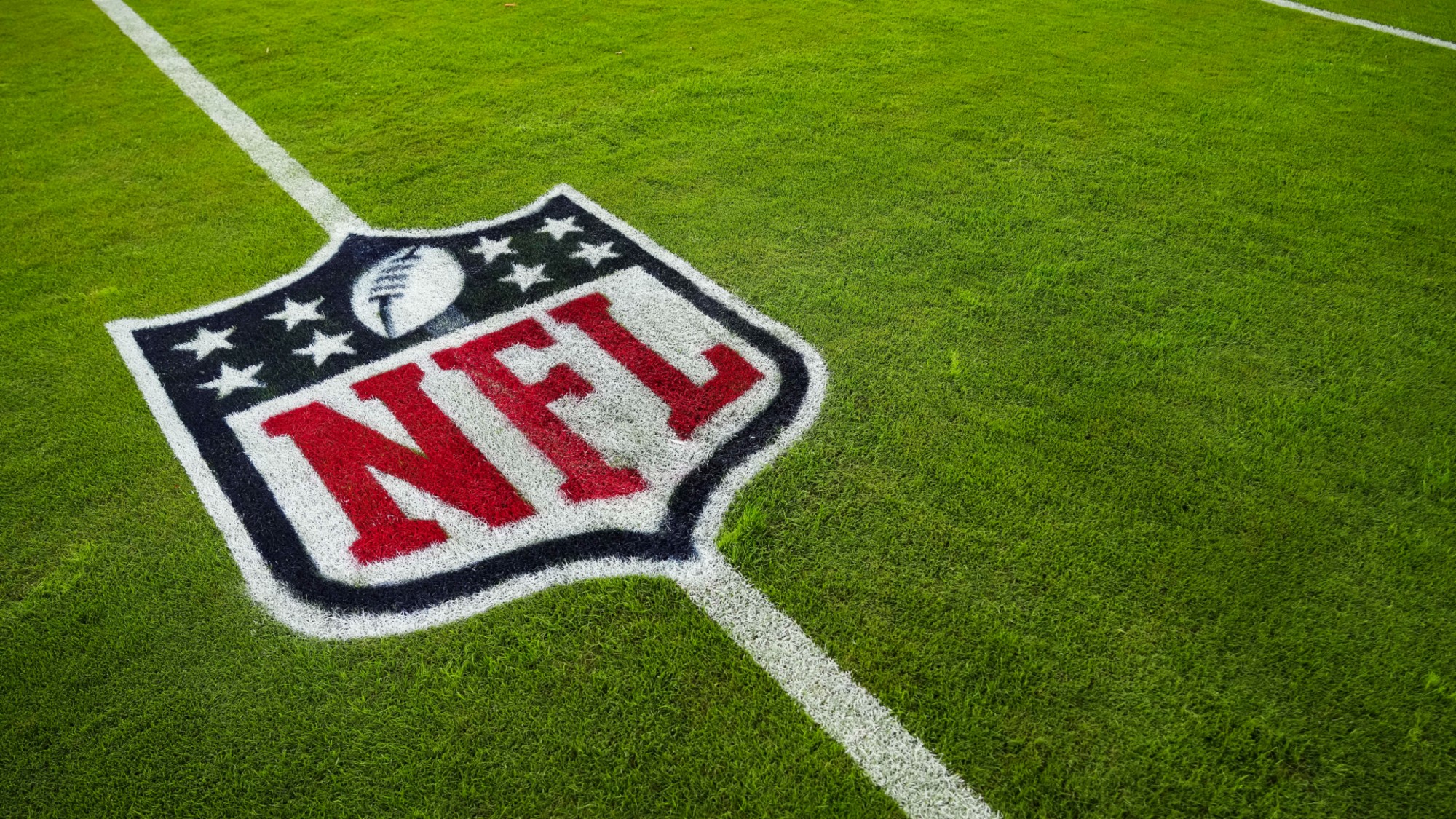 A view of the NFL logo on the field before a football game in Landover, Maryland.