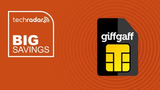 GiffGaff branded sim card on orange background with big savings text overlay