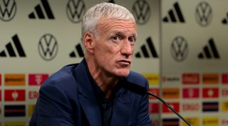 France manager Didier Deschamps speaks to the media during the post-match press conference following the international friendly match between Germany and France at Signal Iduna Park on September 12, 2023 in Dortmund, Germany.