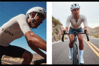 A man and woman ride bikes wearing the SS24 Rapha Pro Team Aero Jersey
