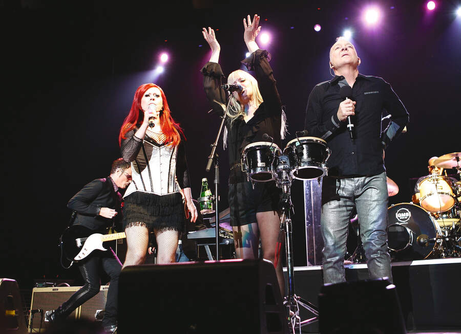 Keith Strickland, Kate Pierson, Cindy Wilson and Fred Schneider of The B52's perform at Madison Square Garden on August 7, 2008 in New York City