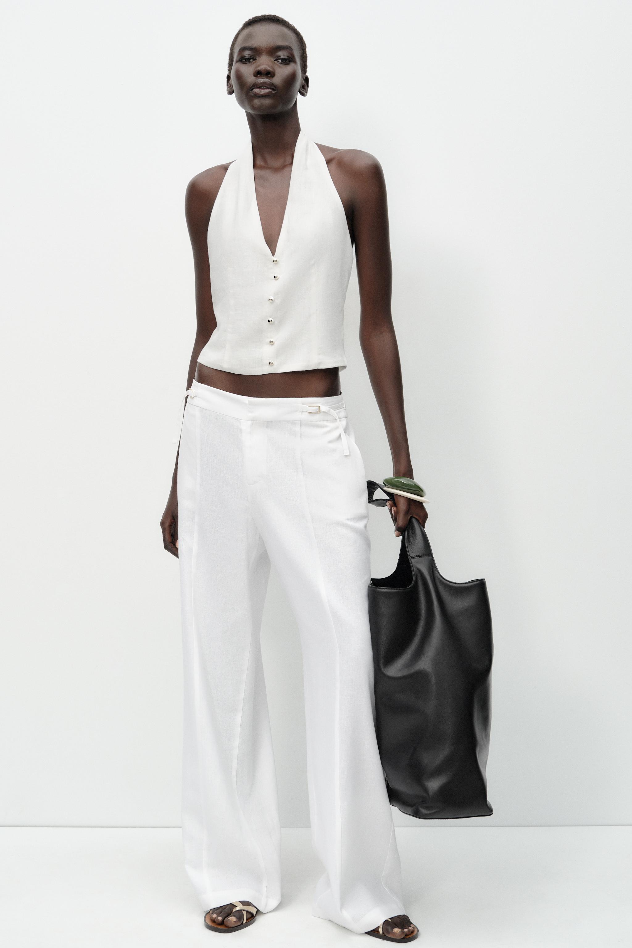 Linen Blend Wide-Leg Trousers With Buckles