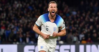 Harry Kane of England celebrates after scoring their sides second goal during the UEFA EURO 2024 qualifying round group C match between Italy and England at Stadio Diego Armando Maradona on March 23, 2023 in Naples, Italy.
