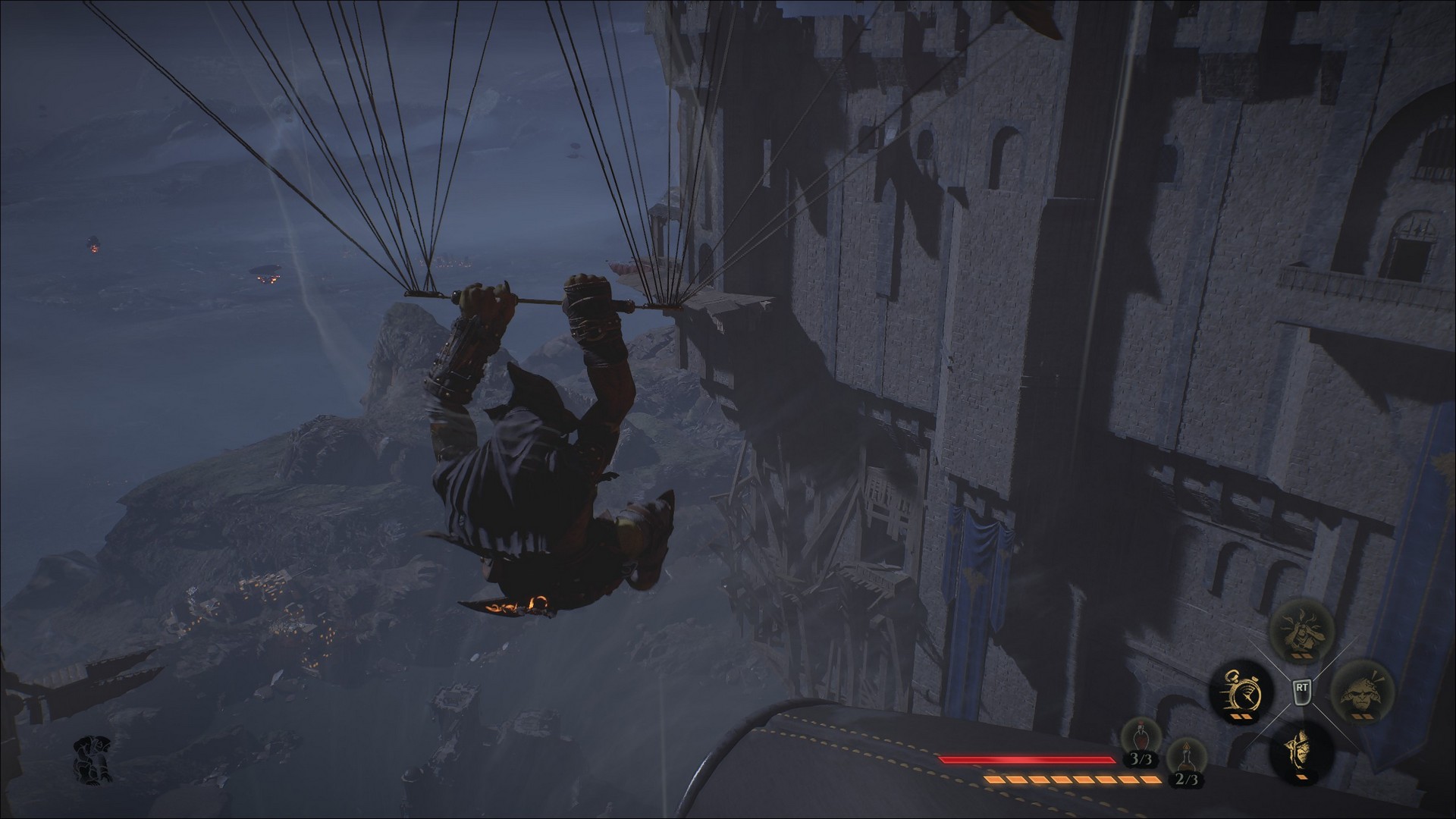 Styx paragliders across from one structure on The Wall to another, with air currents visible in Styx: Blades of Greed